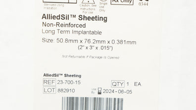 Implantech 23-700-15 AlliedSil Sheeting Non-Reinforced, Size: 2 x 3 x .015in (x)